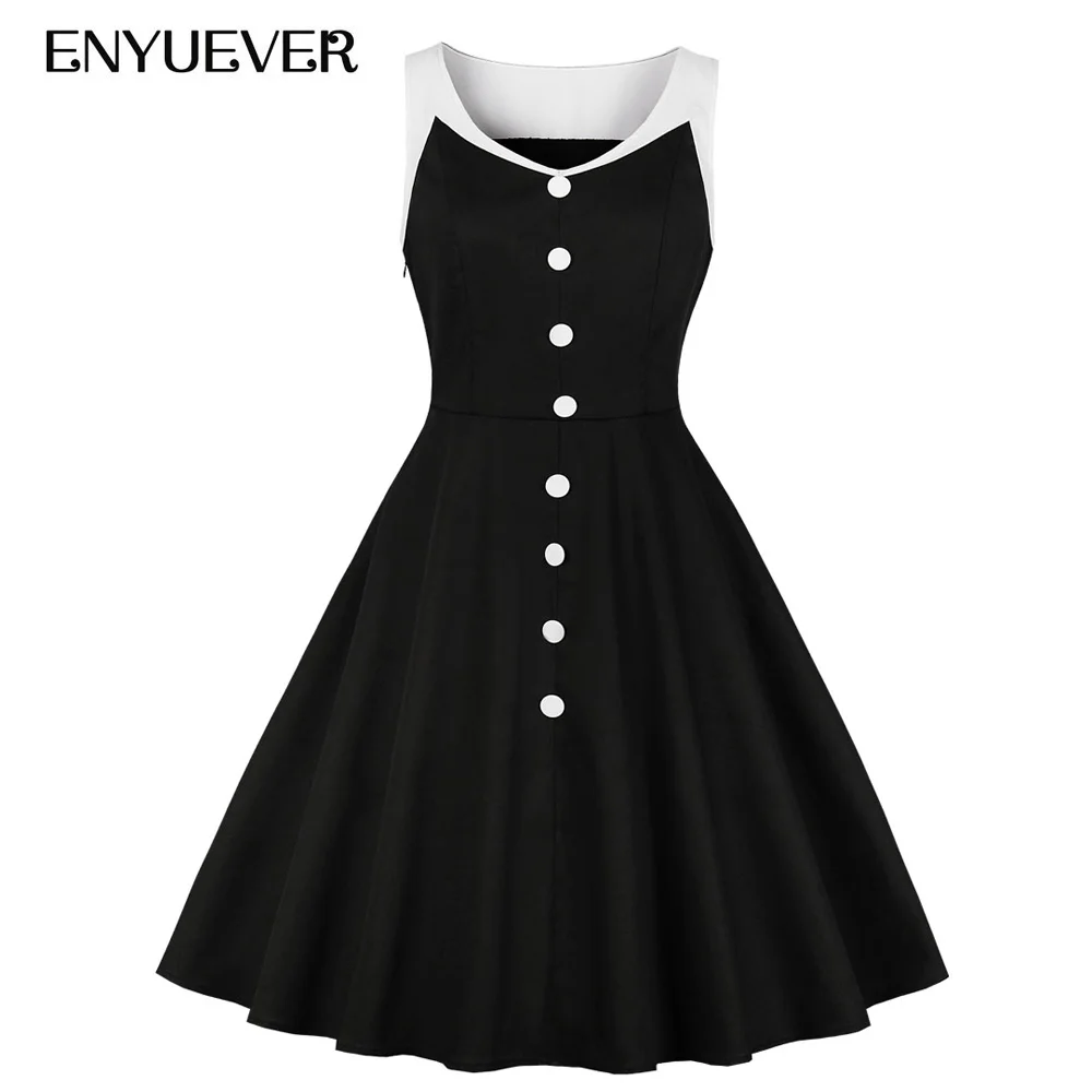 

Enyuever Plus Size Dresses For Women Clothes 2019 Casual Party Sleeveless Button Up Black White Vestido Vintage Rockabilly Dress