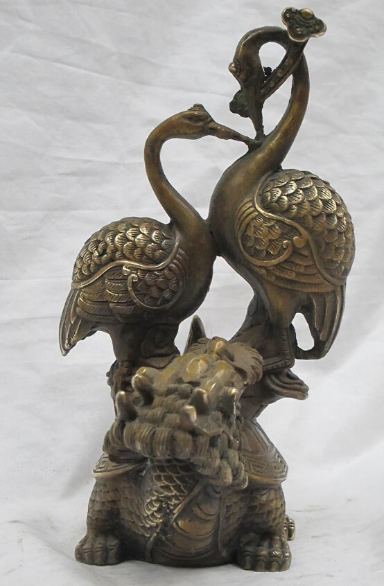 

8"Chinese Feng shui geomancy pure Bronze two red-crowned crane ON Dragon Turtle