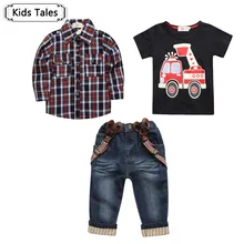 Коллекция года, комплекты одежды для малышей на весну, костюм для мальчиков, рубашка в клетку с длинными рукавами+ футболка с изображением автомобиля+ джинсы, комплект из 3 предметов Костюм; Детский комплект; ST257