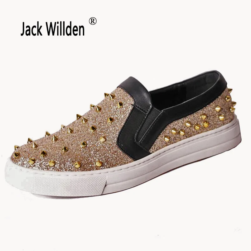 Jack Willden Mens Loafers Flats Spikes Glitter Slipper Gold Black Genuine Leather Dress Wedding 