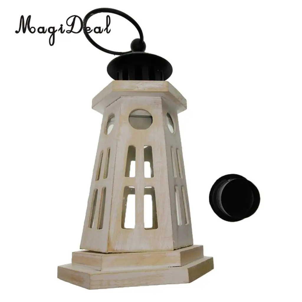 Wooden Lighthouse Light Tower Candle Holder Tea Light Lampshade Tabletop Decor Ornament Carved Handcraft	