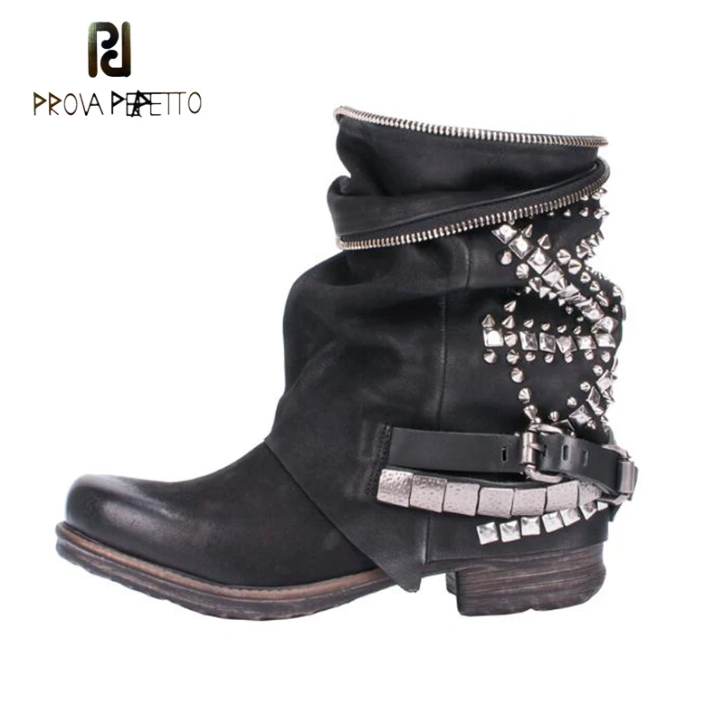 

Prova Perfetto Do Old Style Rivet Zipper Women's Short Boots Round Toe Thick Bottomed Flat Boots Fashion Women Motorcycle Boots