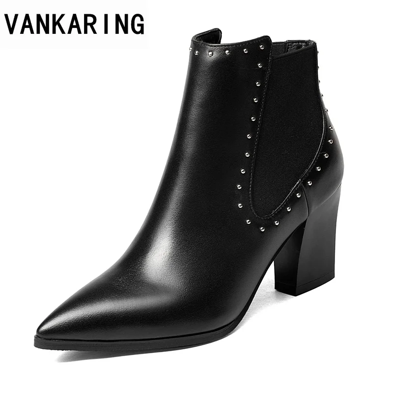 

VANKARING high qulaity women ankle boots shoes 2018 fashion genuine leather autumn winter high heels zipper black riding boots