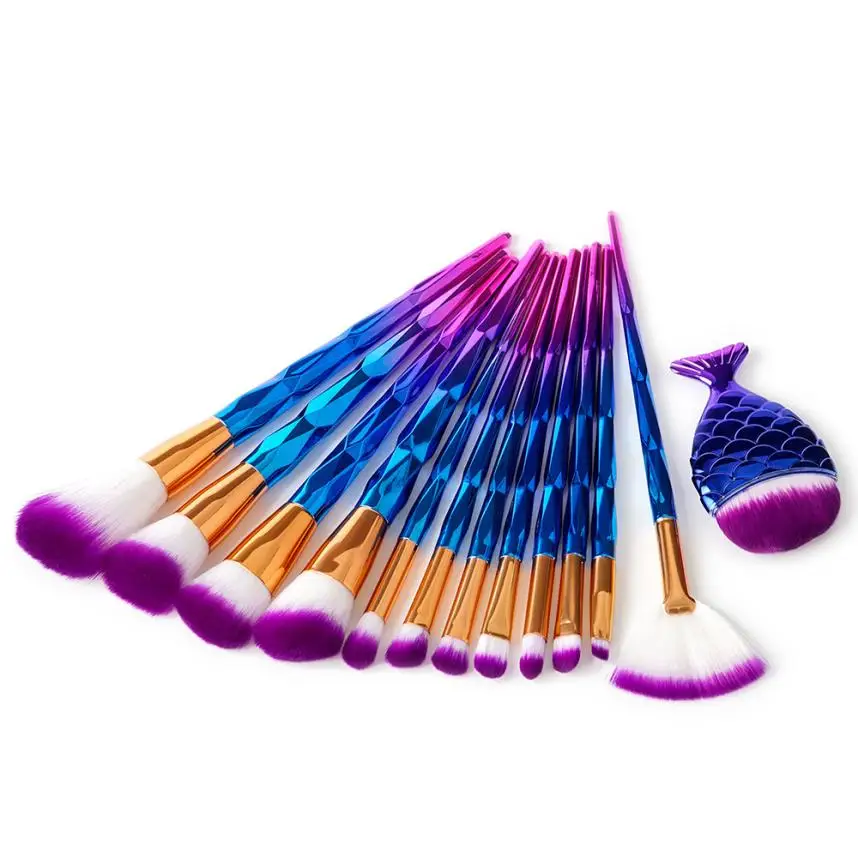

TOP 13Pcs Diamond Makeup Brush Set Dazzle Glitter Big Fish Tail Foundation Powder Brushs professional pincel maquiagem Anne