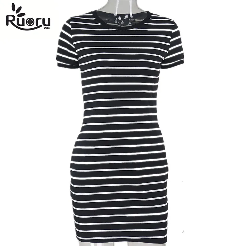 

Ruoru new high quality cotton summer dress striped bandage t shirt dress women clothes bodycon striped dress big size robe femme