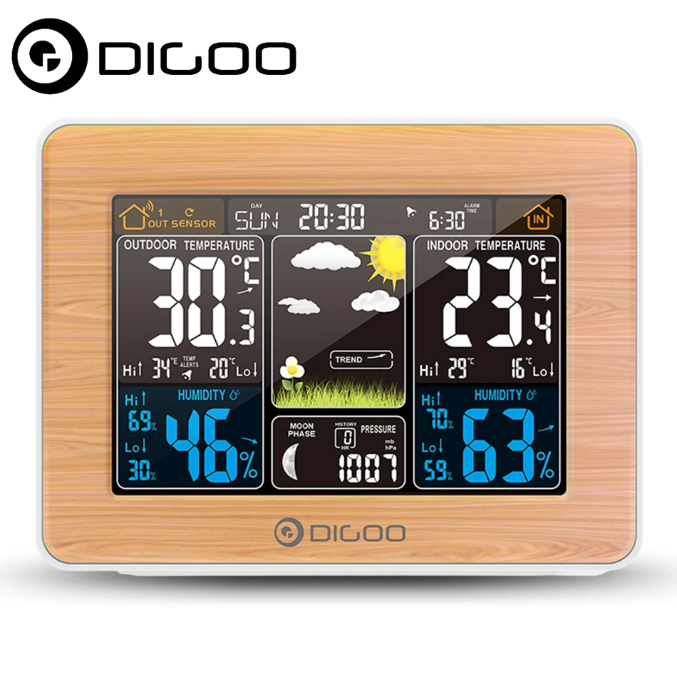 

DIGOO DG-EX002 Wood Weather Station HD Outdoor Indoor Thermometer Hygrometer Temperature Humidity Weather Forecast Moon Phase