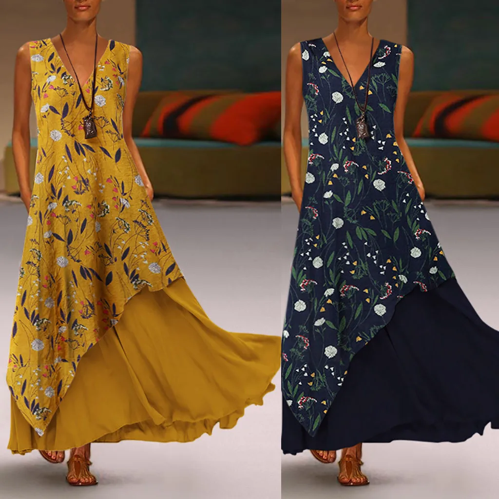 

2019 Long Dress Plus Size V Neck Women Maxi Dress Boho Floral Print Casual Loose Dress Sleeveless Beath Dress Summer