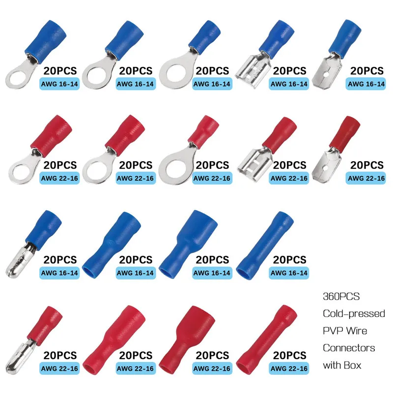 Terminais de Friso Conectores de Extremidade Anel de pá Terminadores de Cobre Conjunto com Caixa de Armazenamento Elétrico Isolado Garfo Azul Vermelho 360 Pçs Mod. 167829 3 conectores de extremidade anel de pá garfo