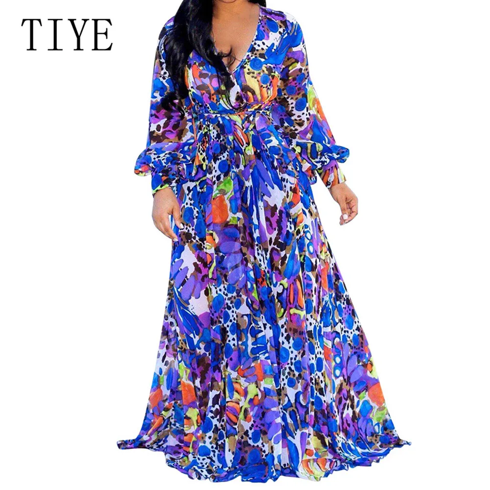 

TIYE Women Vacation Maxi Dresses Fashion Printed Long Sleeve V Neck Belted Loose Holiday Casual Boho Beach Elegant Long Dress