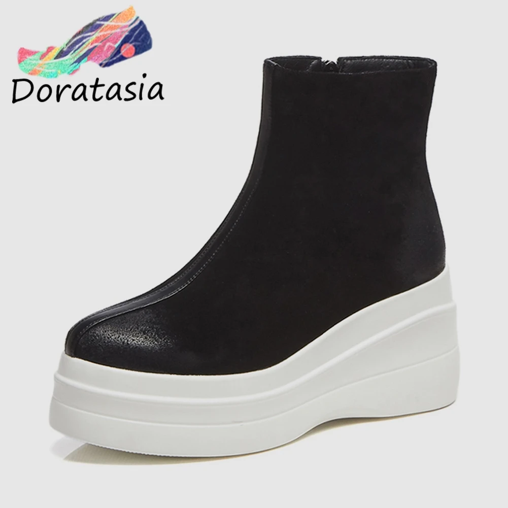 

DORATASIA Concise Cow Suede Ankle Boots Woman Thick Heels Flatform Ankle Boots Women Shoes Woman