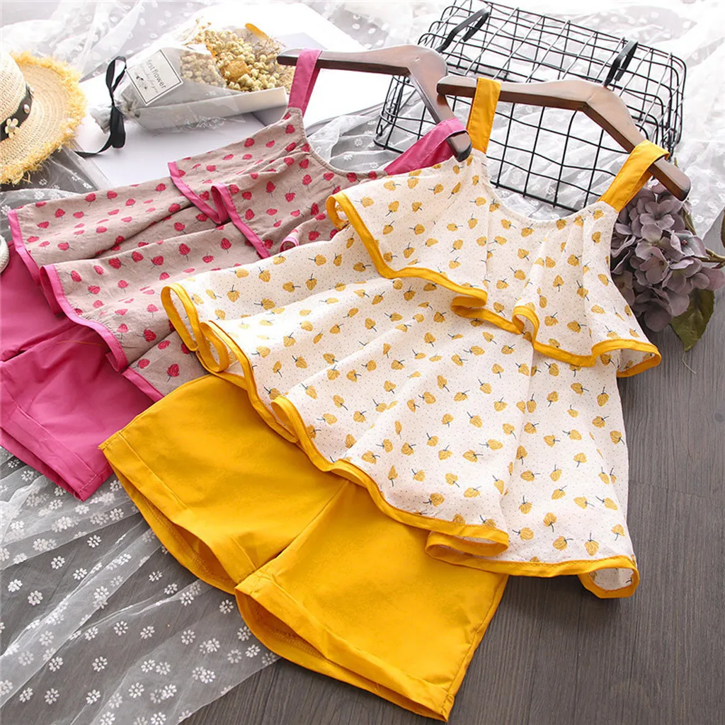 

2019 Summer Toddler Children Clothes Baby Kids Girls Sleeveless Sling Dot Sun-Top Floral Tops Solid Short Pants Clothing Outfits