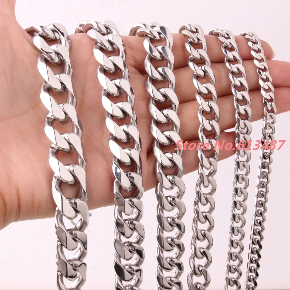 

5/8/10/12/15/17/19mm Men's Cool 316L Stainless Steel Silver Curb Cuban Link Chain Necklace or Bracelet Bangles 7-40" Xmas Gift