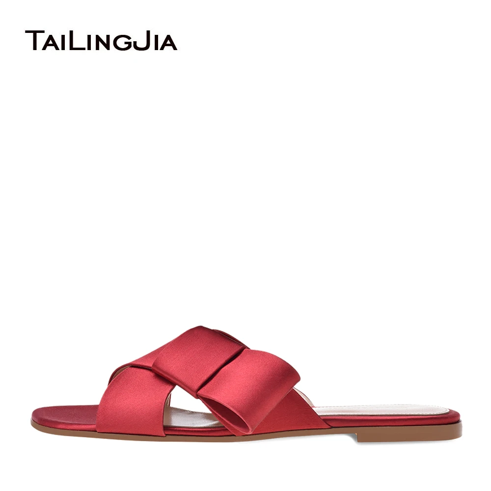 

Women Fringe Beach Shoes Cross Band Red Suede Slippers Black Satin Dark Blue Velvet Flat Sandals Vacation Shoes Slides Wholesale