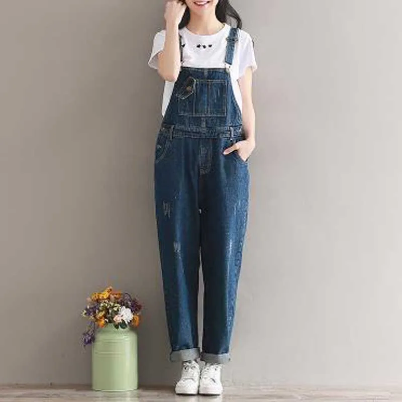 Female Siamese pants washed denim  all-match wide leg pants  