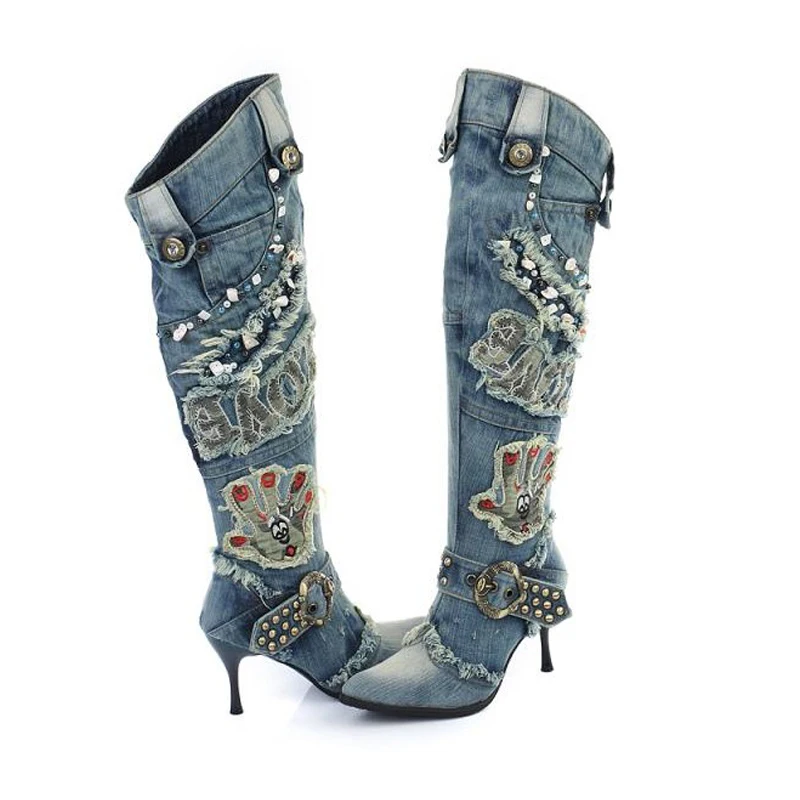 Women Vintage Denim Boots 2017 Sexy High Heels Retro Jean Long Boots New Fashion Knee High Boots Pointed Toe Rivet Buckle Shoes