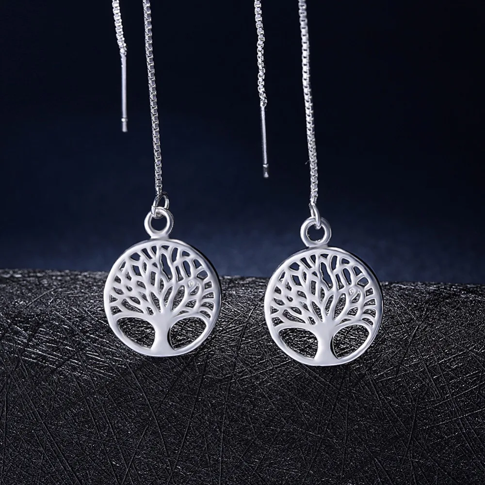 

Round Tree Of Life Drop Dangle Slim Box Chain Threader Through Long Earrings For Women Girls Wedding Silver Jewelry Aros Aretes