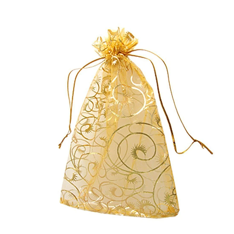 100Pcs Organza Wedding Party Favor Bags Golden Decor Gift Jewelry Candy Pouches 