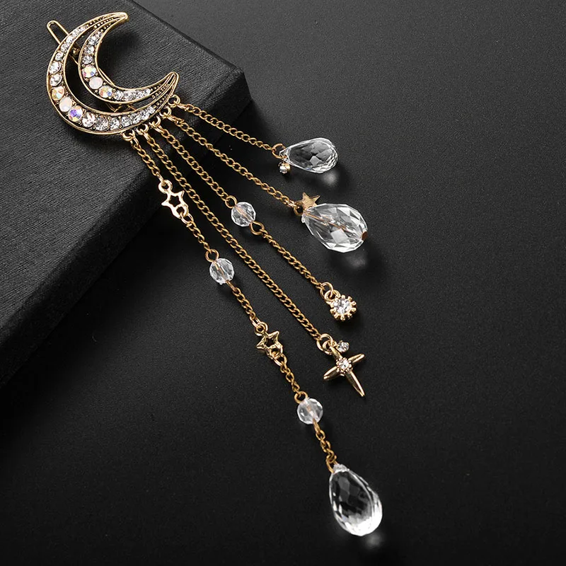 RE 2018 Hot Fashion Moon Crystal Rhinestone Tassel Long Chain Beads Dangle Hair Pins Clip Girls Women Jewelry Accessories S1440 - Image 6