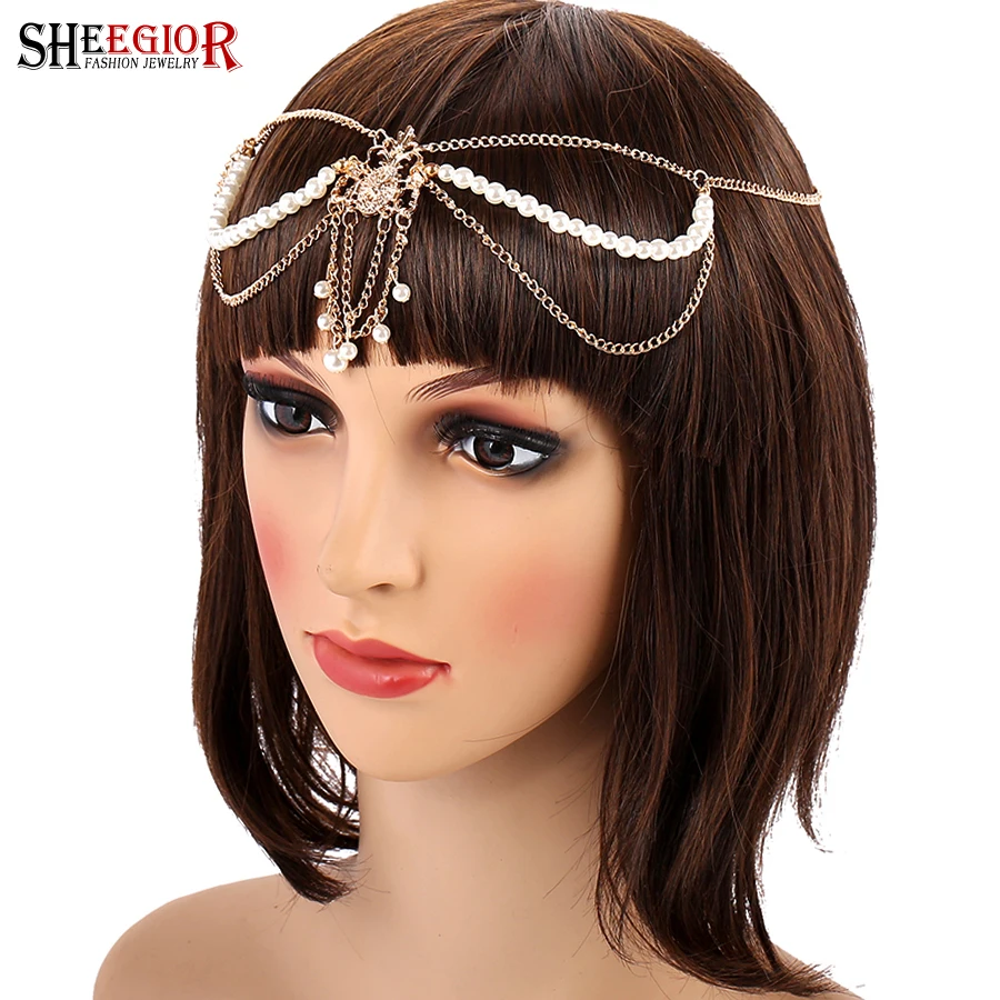 

SHEEGIOR Gold Tassel Headband Romantic Wedding Bridal Forehead Hair Accessories for Women Lovely Pearls Hairband Fashion Jewelry