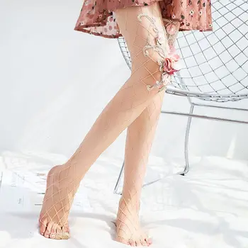 

Women Sexy Tights Flowers Embroidery Pantyhose Stockings Summer Ladies Big Net Anti-hook Floral Mesh Tights 2019 New
