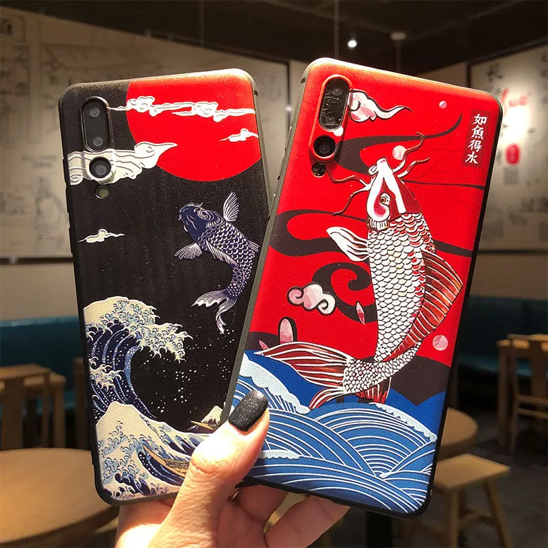 

For Huawei Honor 8X MAX Play V9 V10 V20 9 10Lite Vintage Phone Case Chinese Style Classic Retro Fish Carp Soft TPU Cover Custom