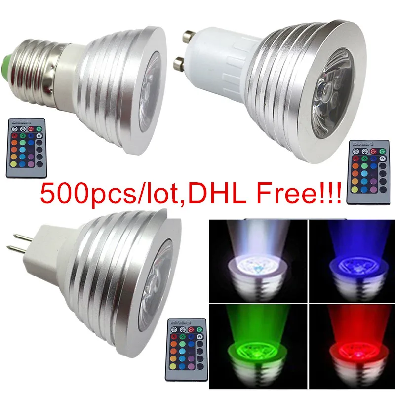 

500Pcs 3W RGB LED Spotlight MR16 E27 GU10 E14 RGB LED Spot Bulb Light 85-265V color changable via remote DHL Free Ship