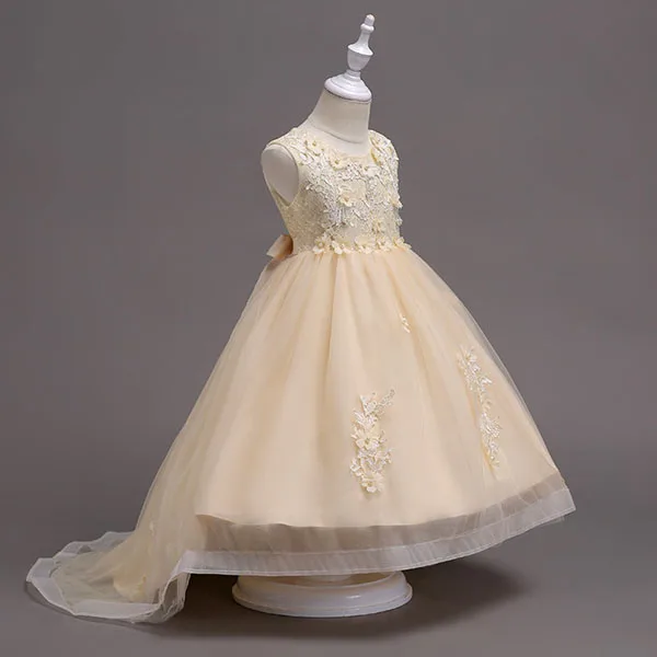 Большое Детское для девочек с бантом, длинное платье с цветочным рисунком детское платье подружки невесты, элегантное платье принцессы Vestido, одежда для свадебной вечеринки для девочек - Цвет: Champagne