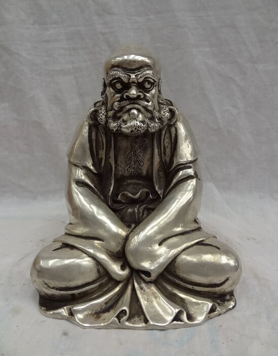 

8" Tibet Silver Buddhism Damo Bodhidharma Dharma Buddha Statue China Brass Joss