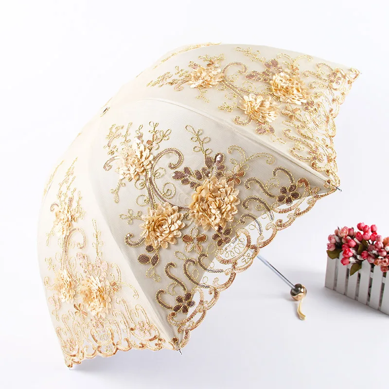 

Fashion Lace Double-layer Embroidery Umbrellas Umbrella Rain Woman Black Rubber Anti-UV Three-folding Sunny Female Umbrellas