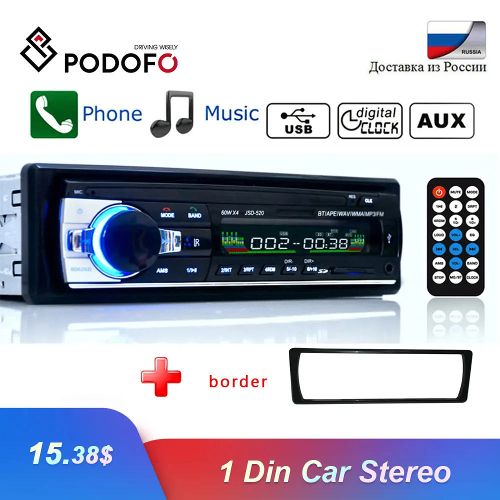 Podofo 1 Din Bluetooth Авторадио SD радио автомобиля 12 В JSD-520 MP3-плеер AUX-IN стерео FM USB аудио стерео в-тире радио Coche