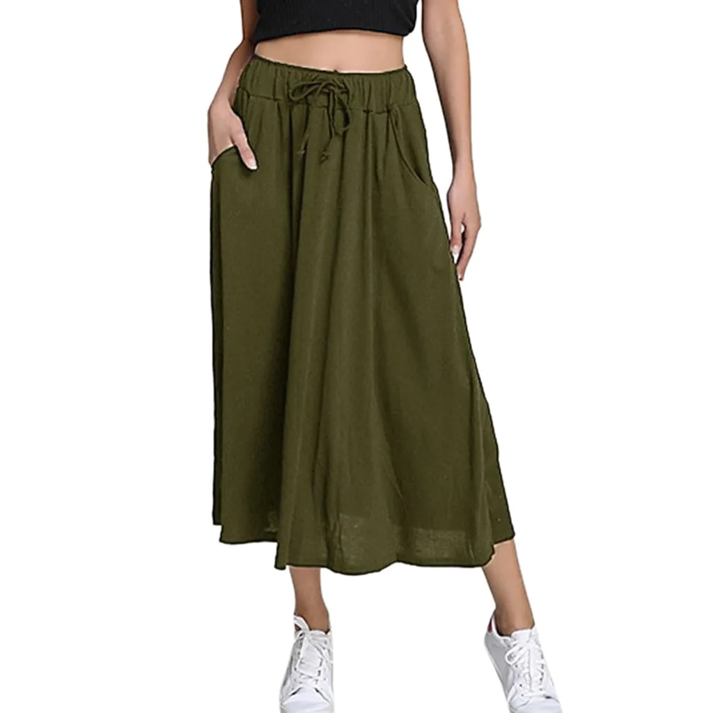 Женские однотонные шифоновые юбки, эластичная талия, лесная длинная юбка, винтажные плиссированные повседневные пляжные юбки на шнуровке@ H3