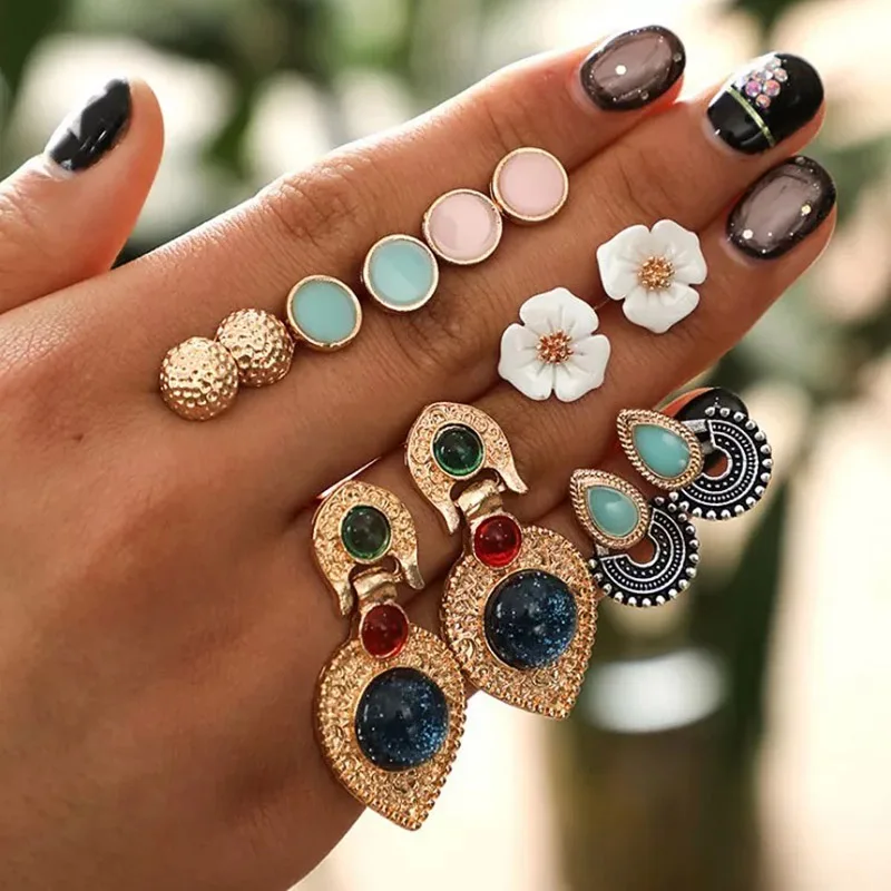 

RAVINOUR Tiny Shell Flower Stud Earrings Set Indian Jewelry Gold Round Geomeric Long Earring Vintage Blue Resin Punk Earing 2019
