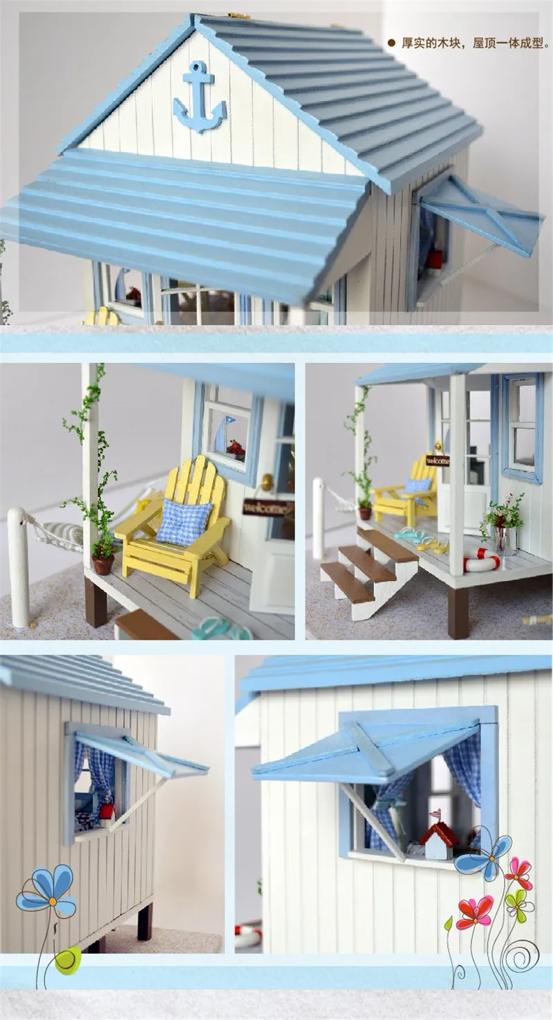  TOP Brand DIY 3D Wooden Doll house miniature with LED+Furniture Beach Villa Tanabata Valentine's Day Room for children Lover  (5)