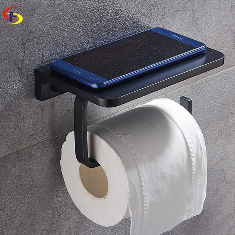 

OFYAGE Wall Mounted Aluminum Brush Paper Holder Black Toilet Paper Holder With Phone Shelf Wire Drawing Bathroom Accessories