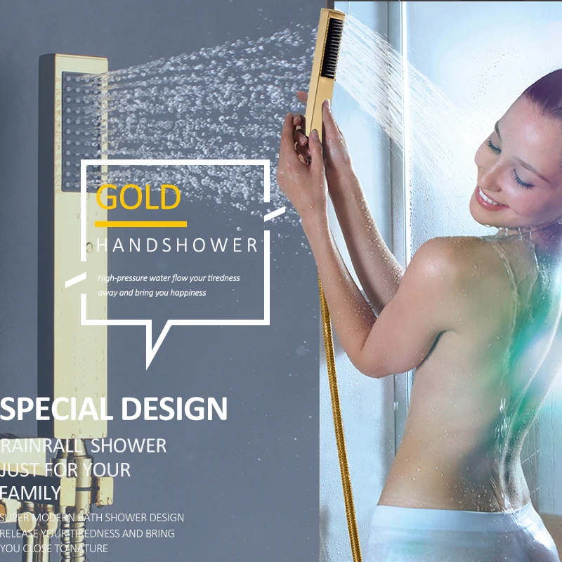 quyanre wanfan gappo golden digital shower faucet set brass rainfall shower head 6pcs massage spa jets digital LCD 3-way mixer tap bath shower kit3