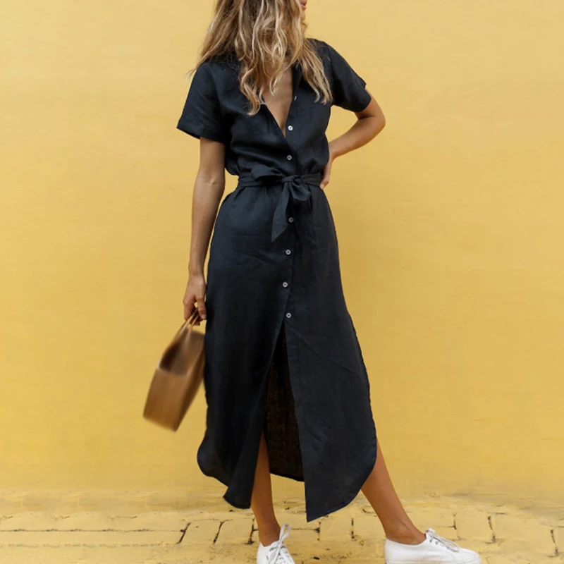 

Women's Long Dress Casual Solid Color V-neck Button Sashes Belt Short Sleeve Split Dresses Ladies Summer Sea Beach Dress