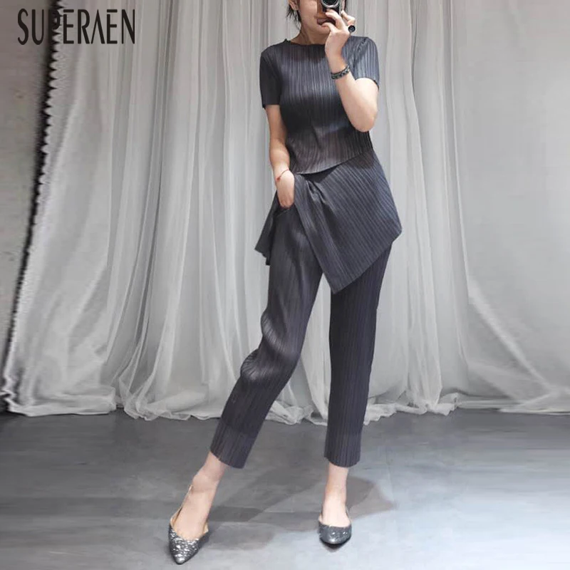 

SuperAen Europe Fashion Women's Sets Summer New 2019 Split Ankle Length Pants Women Short Sleeve Round Neck T-shirt Female