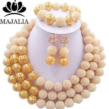 

Majalia Fashion Nigerian Wedding African Jewelery Set Beige Crystal Plastic Pearl Necklace Bride Jewelry Sets 3SQ034