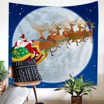 

Santa Claus Elk cartoon Tapestry deep blue Wall hanging decoration Home soft Moon night twin full queen size Tapestry