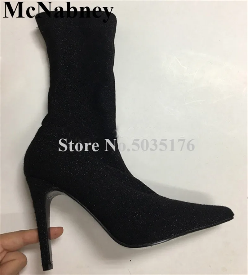 

2019 European Fashion Flock Pointed Toe High Stiletto Heel Mid-Calf Short Boots Slip-On Cover Heel Spring/Autumn Women Shoes