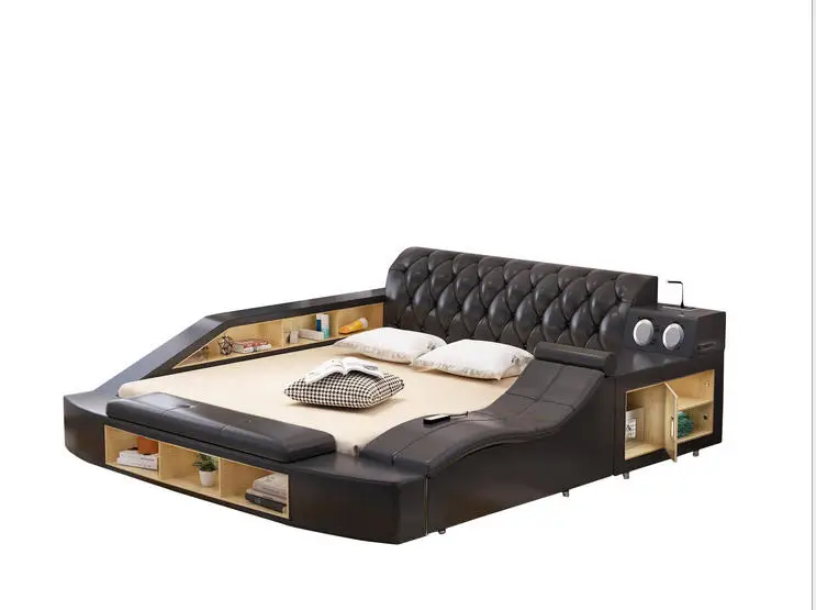 Real Genuine leather bed Soft Beds Bedroom camas muebles de dormitorio yatak mobilya quarto massage speaker bluetooth storage