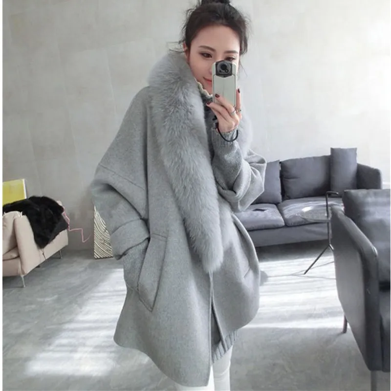 UHYTGF корейское Женское зимнее шерстяное пальто плюс размер особенно модное большое пальто с меховым воротником Высокое качество элегантное шерстяное пальто 376 - Цвет: gray