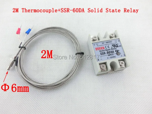 

60A SSR60  single phase ssr solid state relay+2M 6mm Thread K Type Thermocouple for Temperature Controller