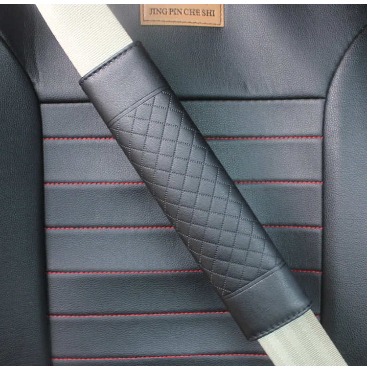 2x Seat Belt Covers Pads Black Genuine Leather Grey Stitching 