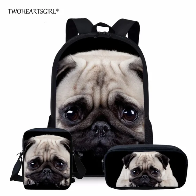 3PCS/SET Puppy Pug Printing Backpacks Black Children Kids Bookbag Girls