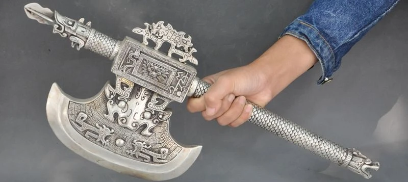 

19" old Chinese Silver zodiac dragon head beast Ax Hatchet Fine An ax statue