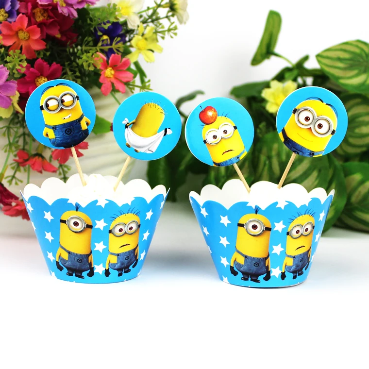 

24pcs(12pcs wraps+12pcs toppers) Despicable Me Party Paper Cupcake wrappers toppers for kids birthday party decoration cake cups