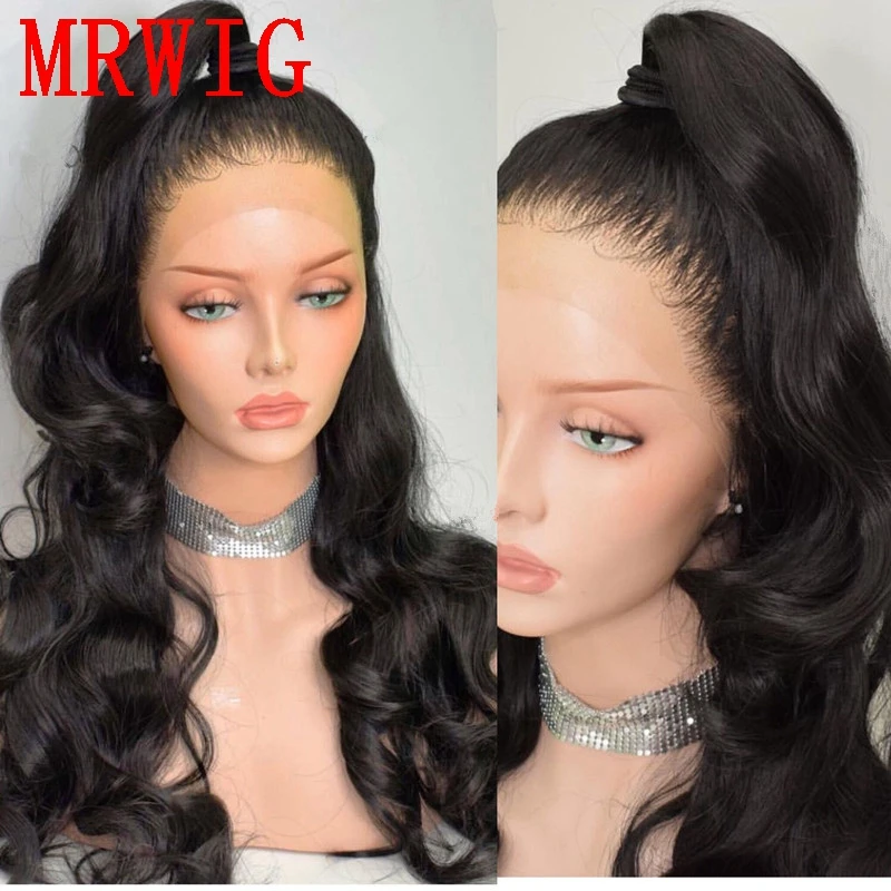 MRWIG 18in и 26in длинные волнистые синтетические Glueless Передняя кружева парик Теплоизоляционный слой бесплатная часть вьющиеся для леди женщина