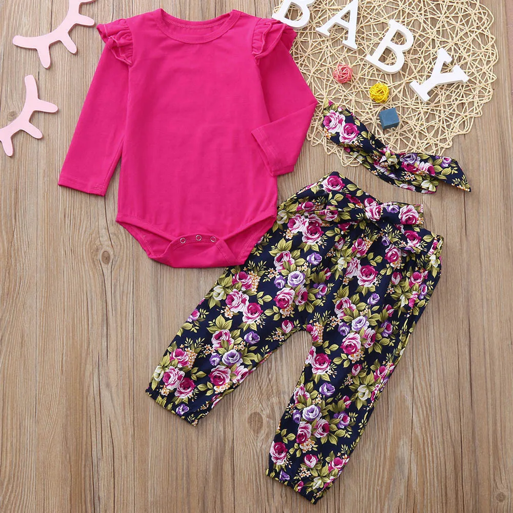 

Fashion Baby Girls Clothes Set 3PCs Long Sleeve Solid Romper+Floral Print Pants Headband Outfits conjunto infantil roupas