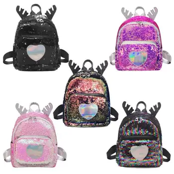 

Love Heart Sequins PU Leather Women Backpack Glitter Deer Ear Travel School Fashion Small Backpack Female